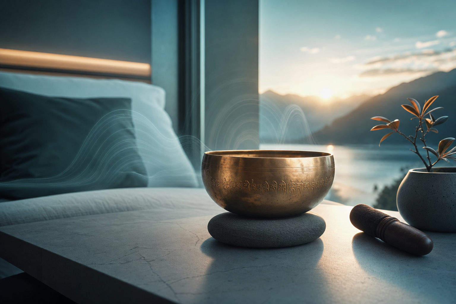 Tibetan singing bowl on a calm bedside table at sunrise.
