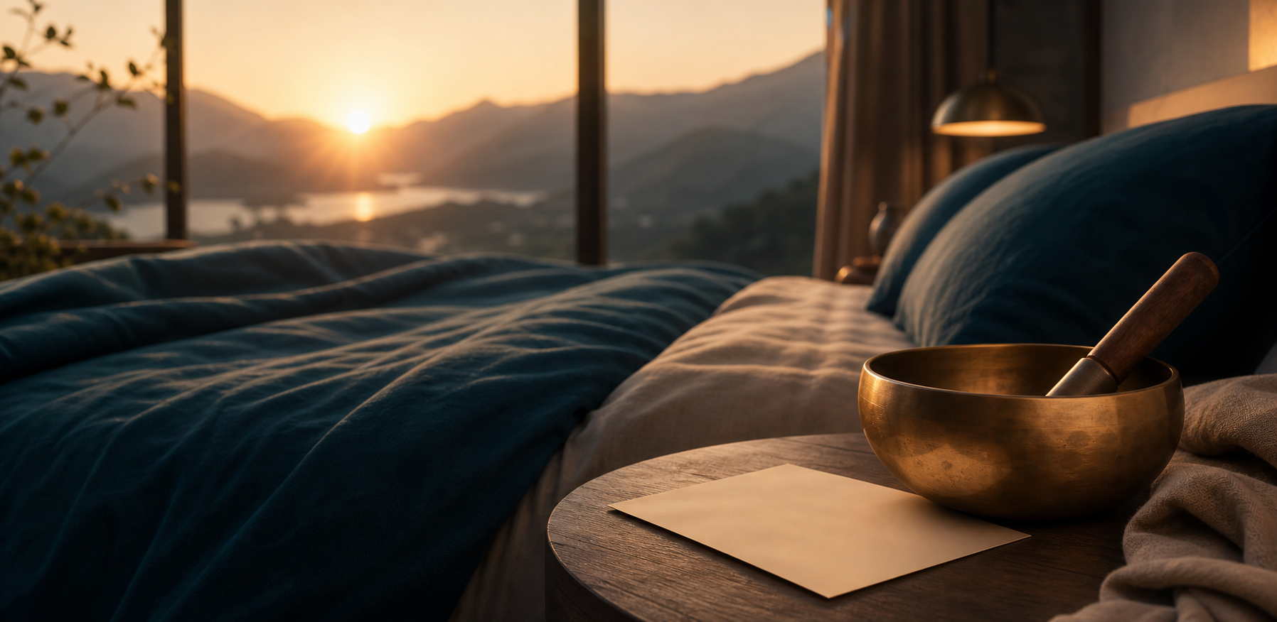A calm dawn bedroom scene with a ZenAwake-inspired singing bowl and a blank morning card waiting on the bedside table.