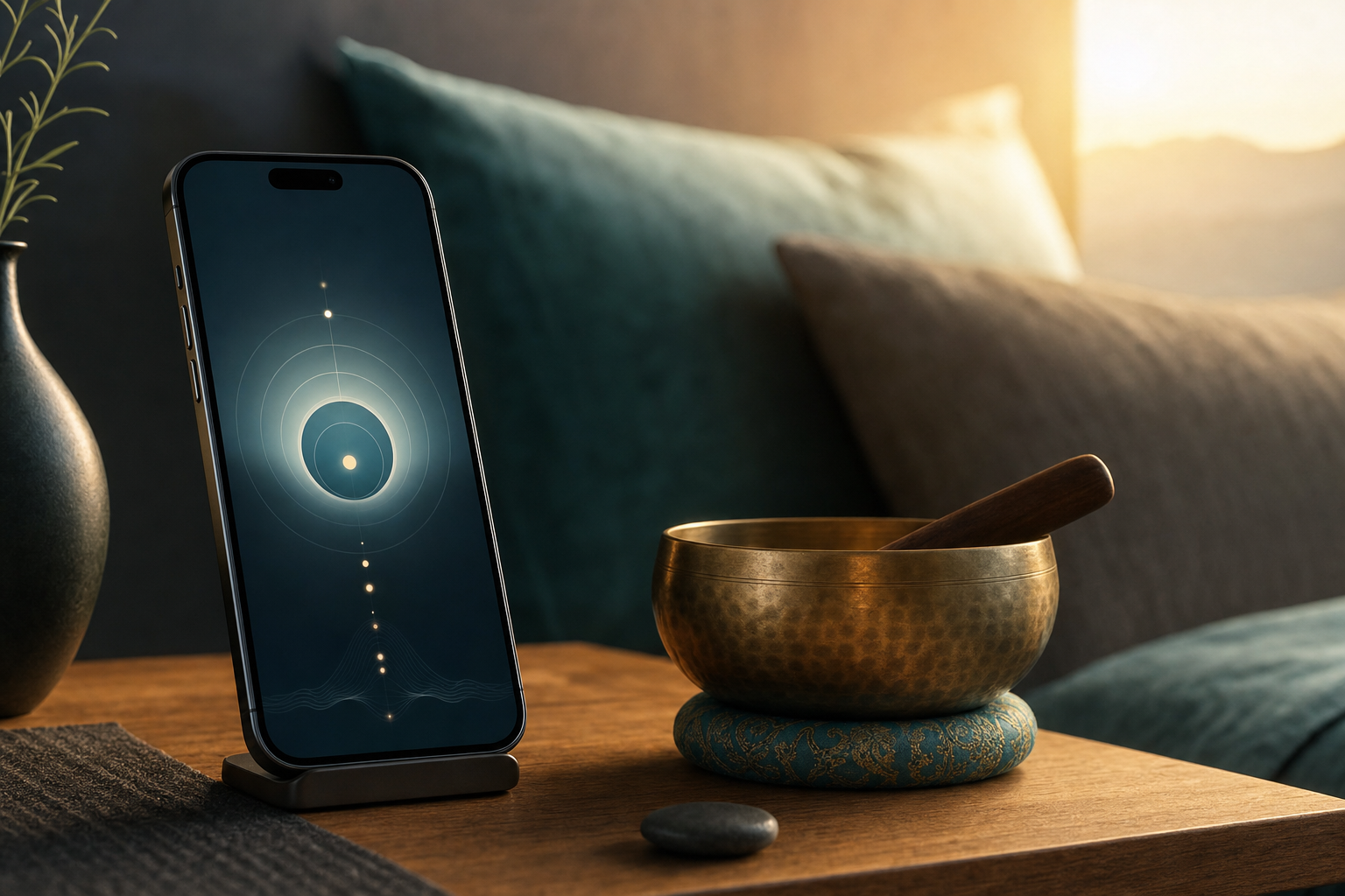 ZenAwake-inspired wake intelligence beside a Tibetan singing bowl.