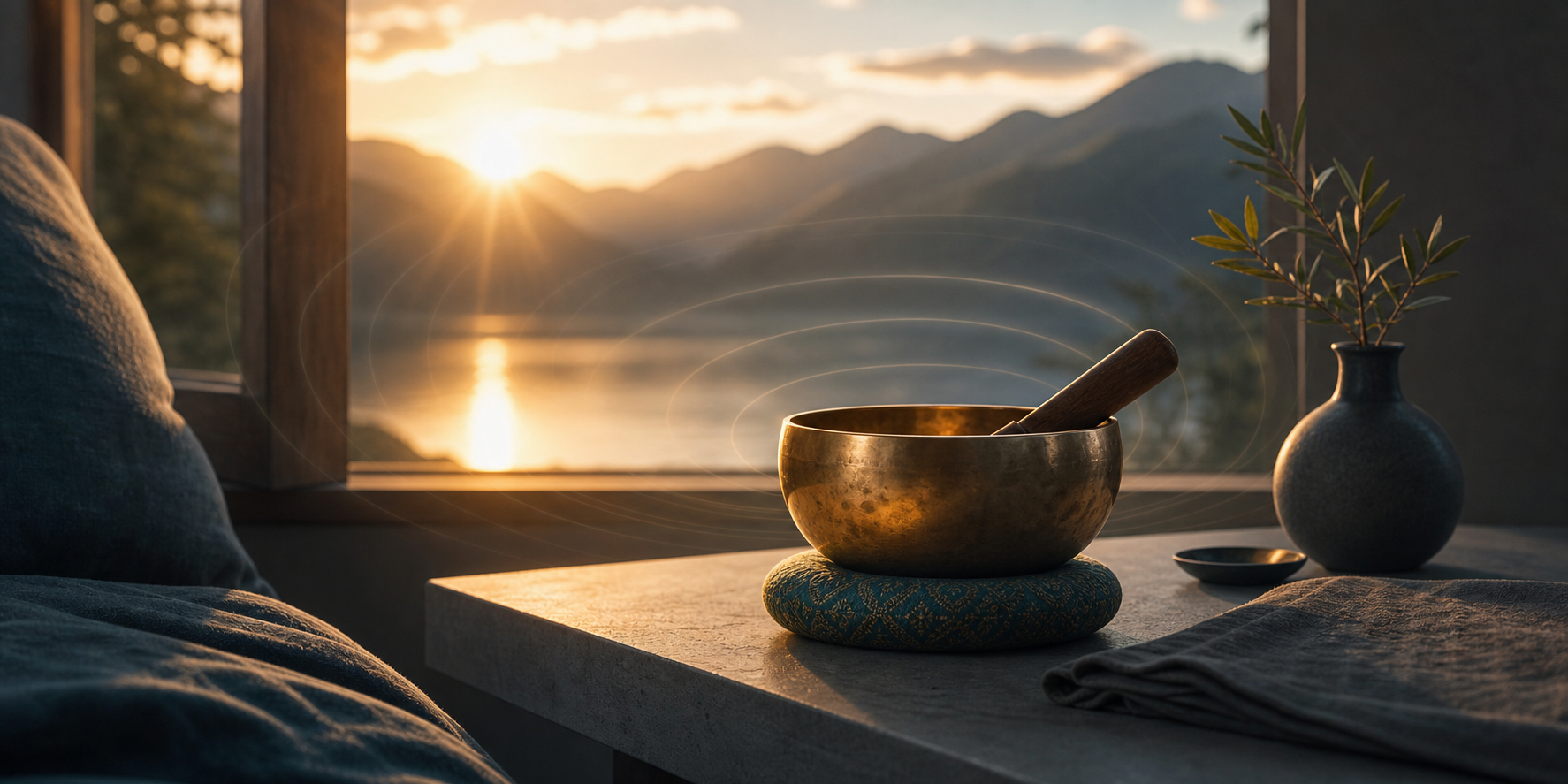 A singing bowl at first light near an open window, with soft dawn glow and subtle ripples suggesting a gentler wake.